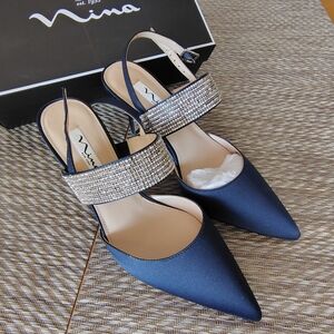 Nina Women's Navy Blue Satin Heels with Rhinestone Strap